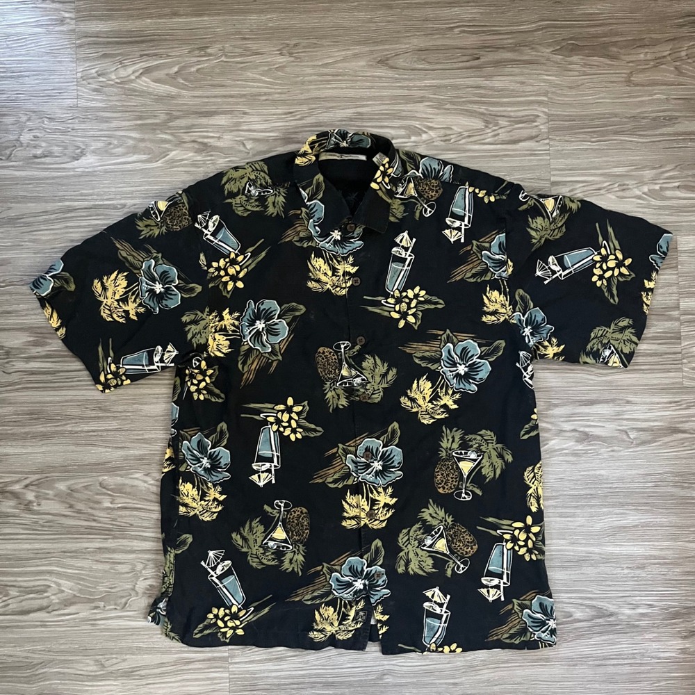Tommy Bahama Mens Large Silk Tropical Cocktail Hibiscus Camp Shirt Black